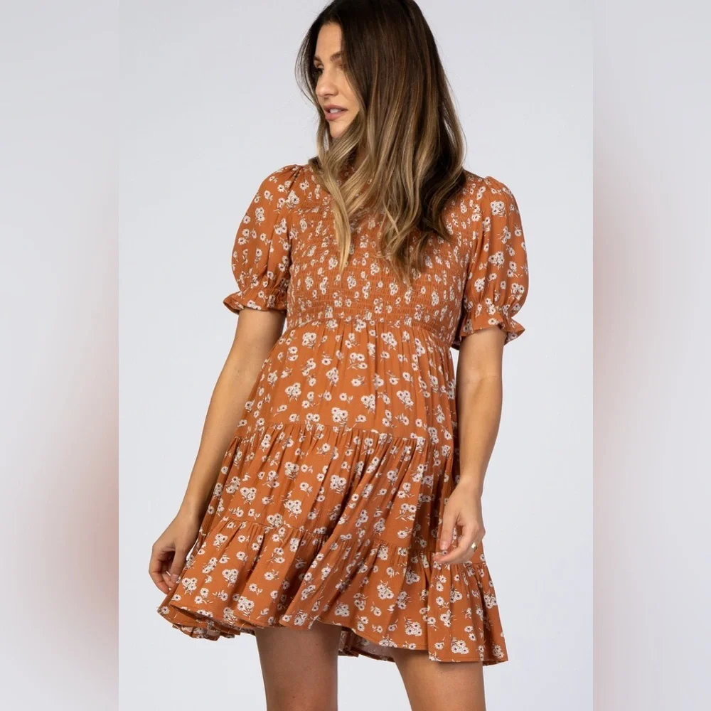 Pinkblush rust floral flower daisy smocked top mini dress nwt - Picture 1 of 9